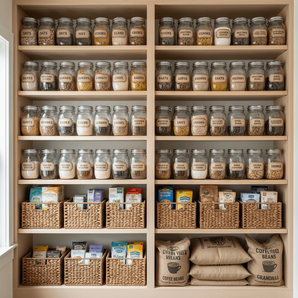 Organized pantry shelves with clean labeled jars and natural ingredient products