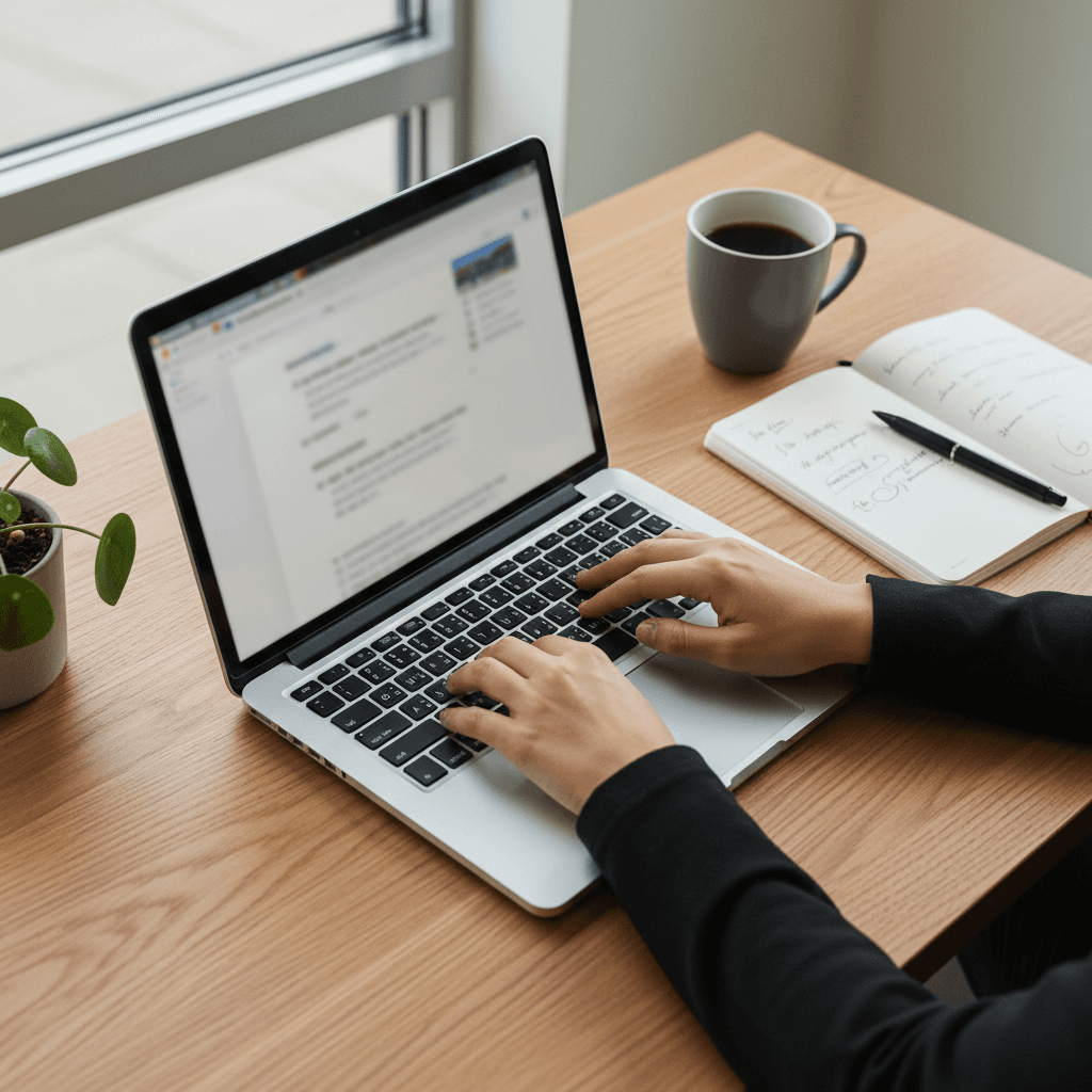 Copywriter's hands typing on laptop at minimalist wooden desk with notebook and coffee nearby, natural window light