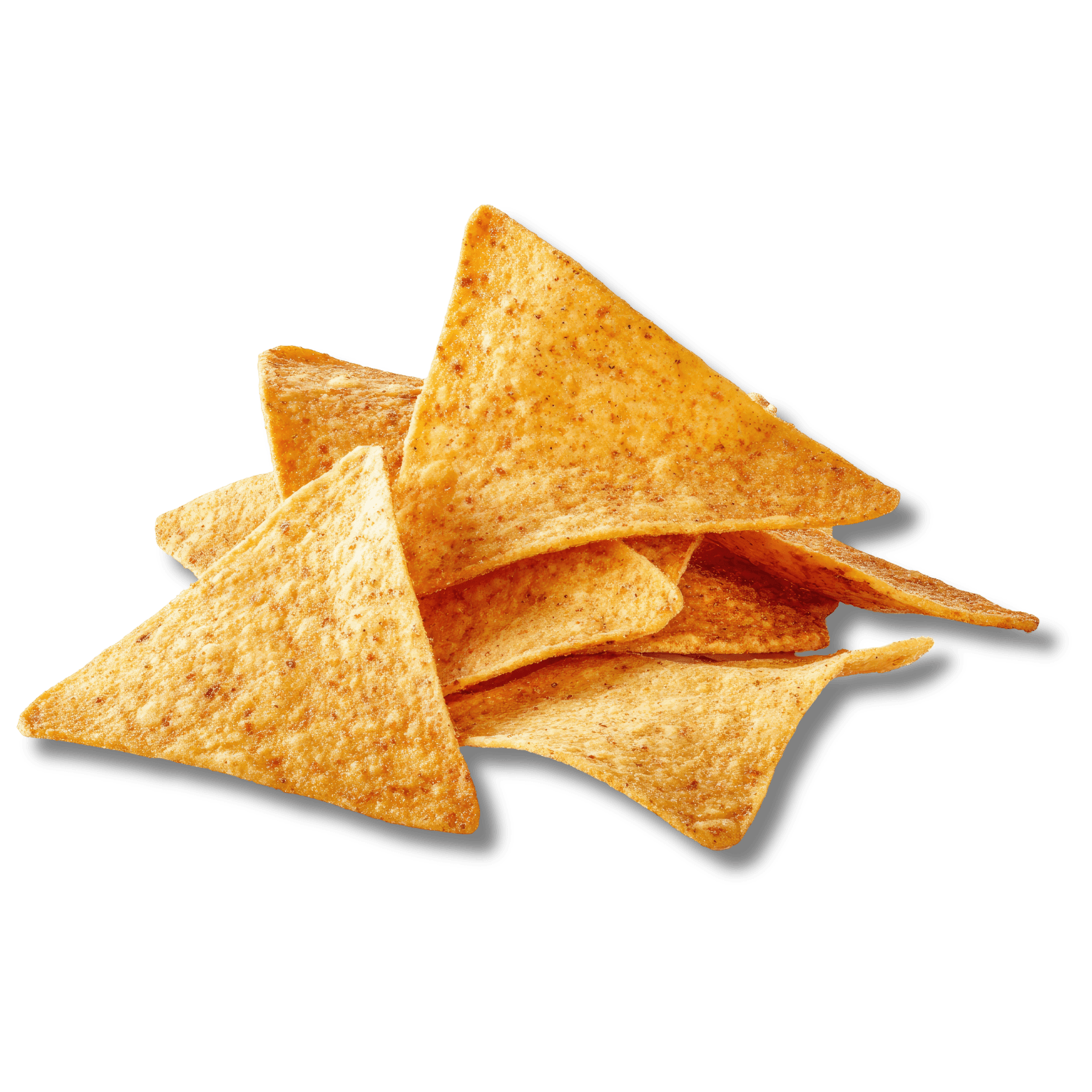 A pile of seasoned triangular corn tortilla chips isolated against a solid black background.